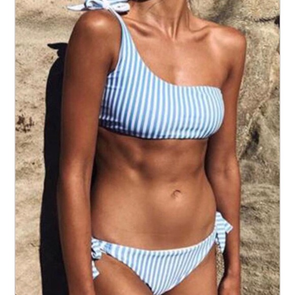 Other - Two piece one shoulder blue white stipe small